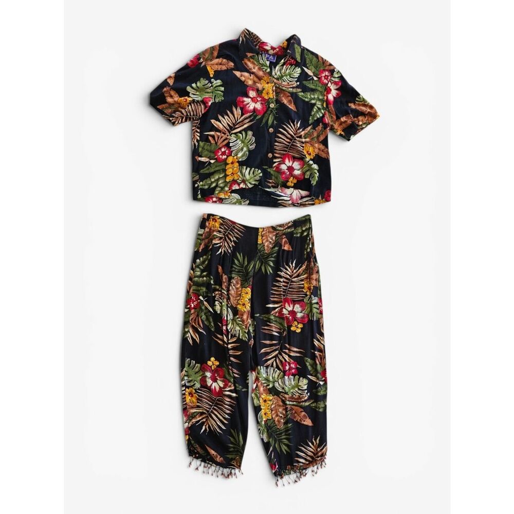 Vintage SPA Beaded Tropical Print Hawaiian Matching Shirt Pant 2 Pc Coord Set L